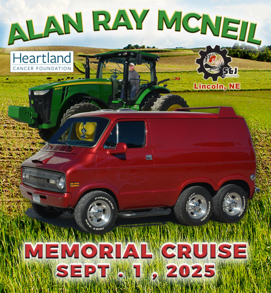 Alan Ray McNeil Memorial Cruise Sept 1, 2025 image with a John Deer Tractor and the custom 6-wheeled van in a field.